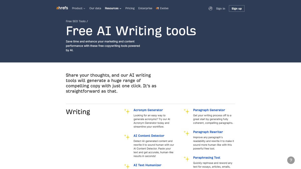 智人AI工具导航 - Ahrefs Writing Tools | 免费AI写作工具套装