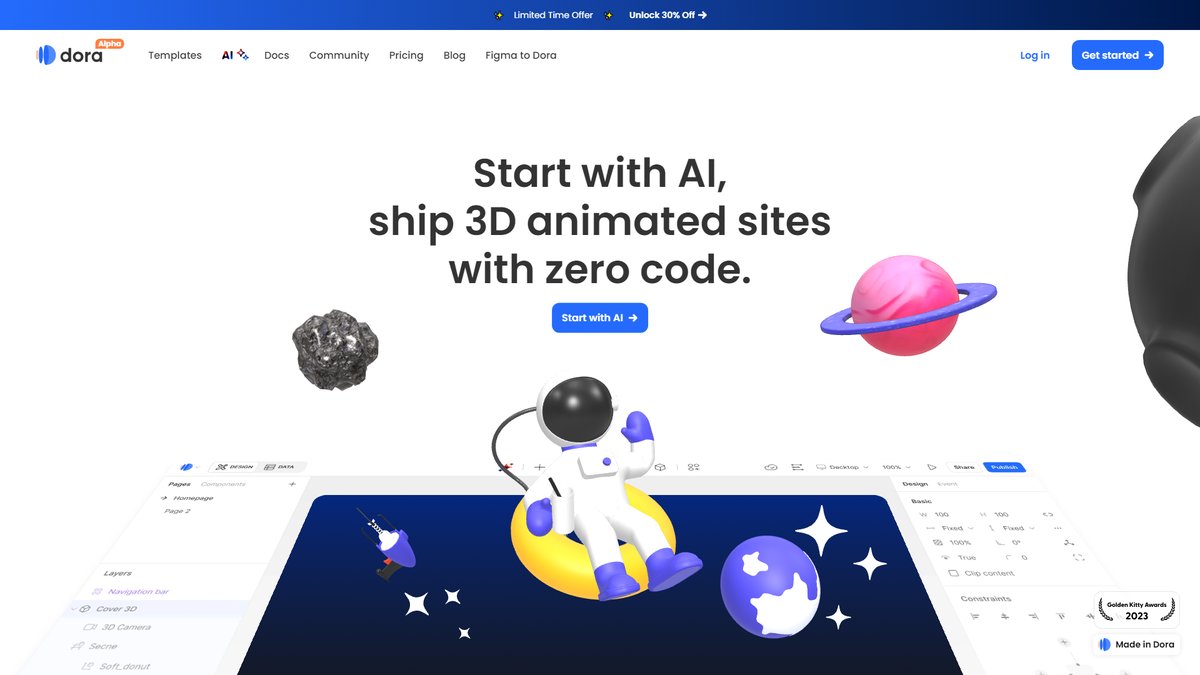 智人AI工具导航 - Dora | AI驱动3D动画网站构建平台