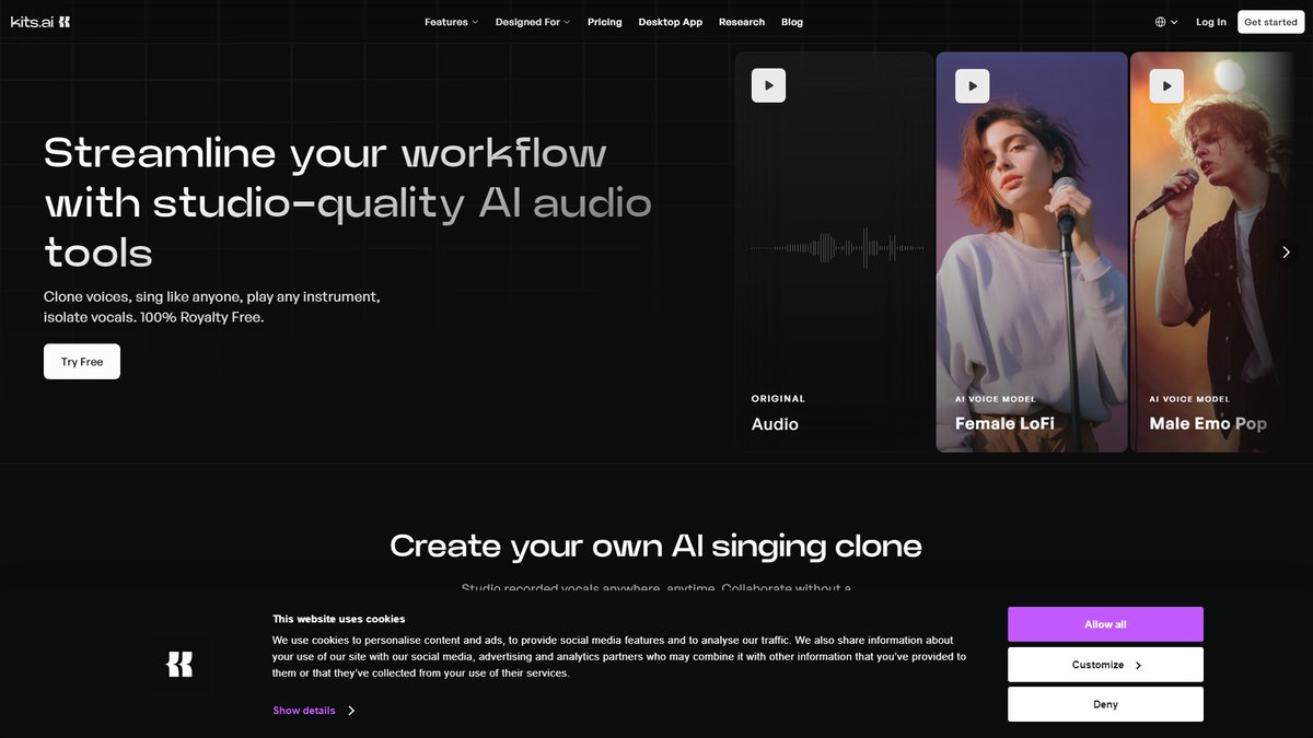 智人AI工具导航 - Kits AI | 专业AI音乐制作平台,即时语音克隆