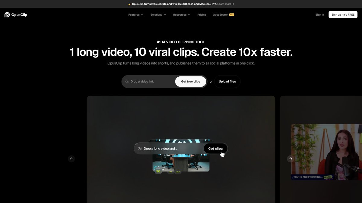 智人AI工具导航 - OpusClip | AI短视频剪辑一键生成病毒内容