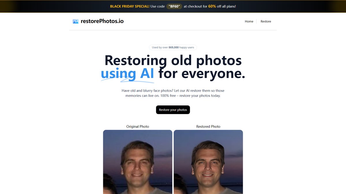 智人AI工具导航 - RestorePhotos.io | 开源免费AI人脸照片修复工具