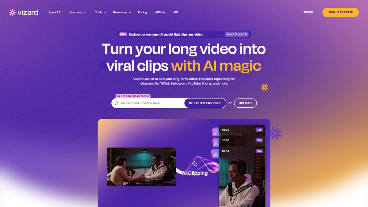 智人AI工具导航 - Vizard.ai | AI长视频转短视频神器